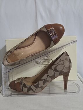 COACH Whitney Signature Canvas & Leather Heels US Women Size 6B Khaki/Cinnamon